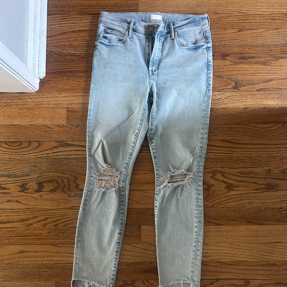 MOTHER The Stunner Zip Ankle Step Fray Light Blue Distressed Skinny Jeans